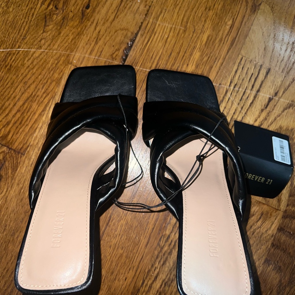 Forever 21 Black Twist-Strap Square-Toe Slide Mules